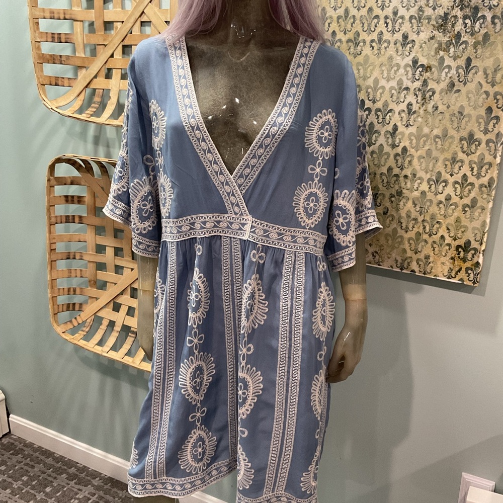 Solitaire Blue and White Embroidered Top / Beach Cover Up
